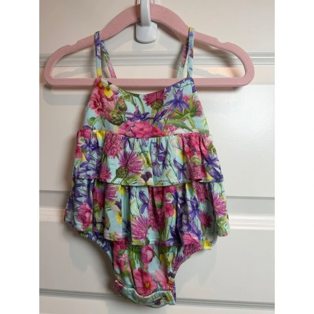 12. Posh Peanut Floral Ruffle Bodysuit Blue Pink Bamboo Viscose 3-6 Months